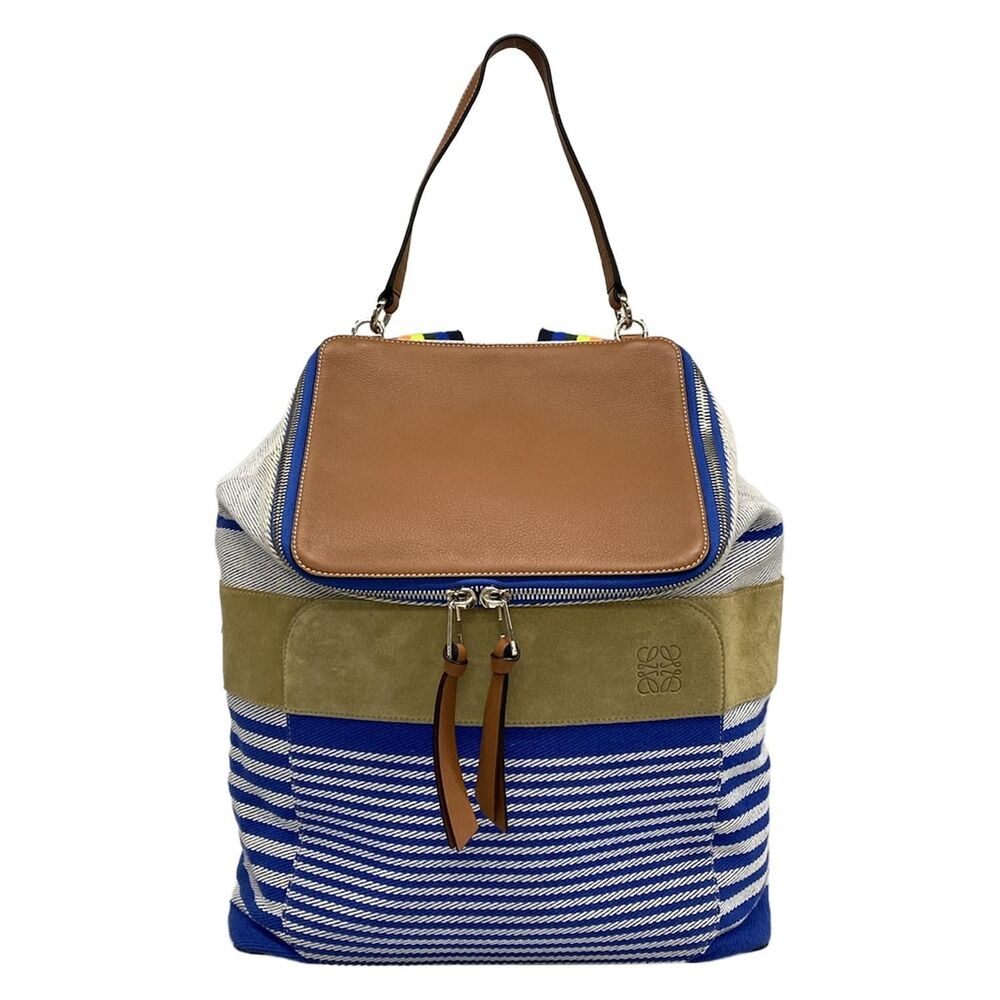 Loewe Goya Backpack Backpack 322.61.K79 Blue Brown Multi Canvas Leather Suede